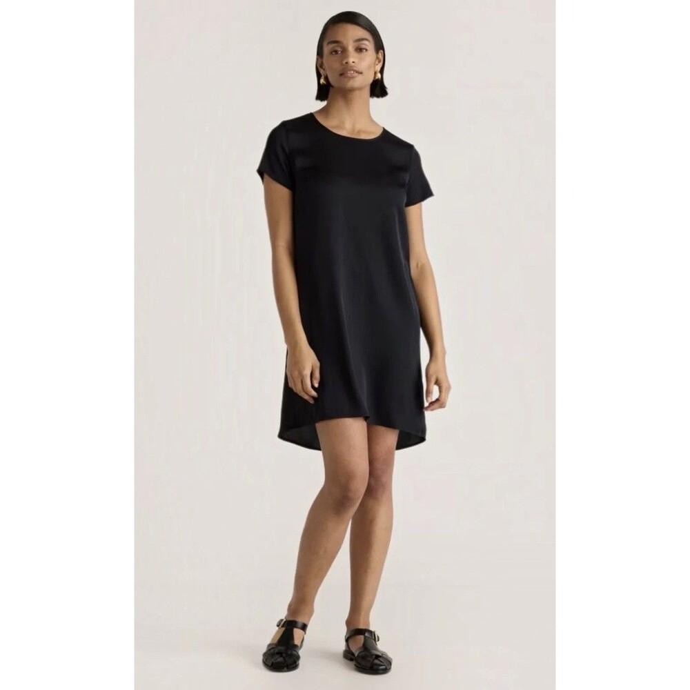 Quince Washable Stretch Silk Tee Dress Size S Black Hi-Low Short Sleeve NWT